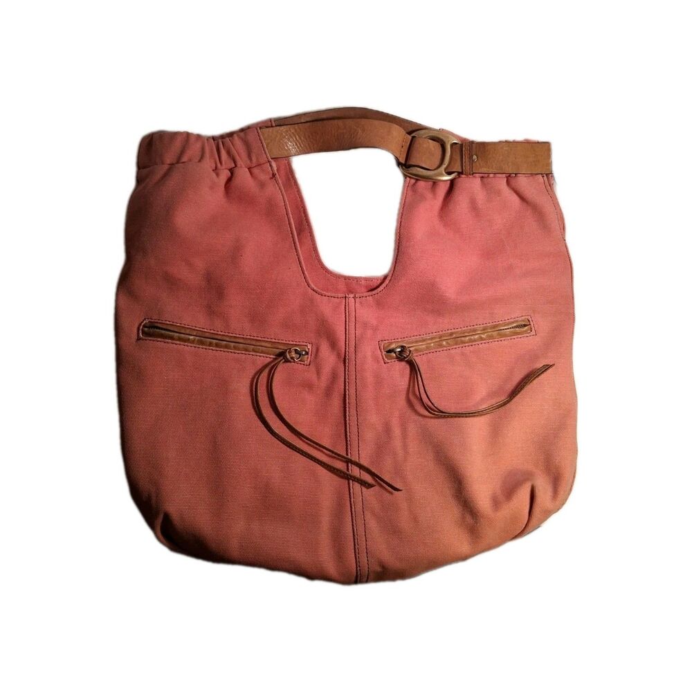 Kooba Tote Orange Hobo Canvas W/Brown Leather Belt Closure Big Beautiful Boho